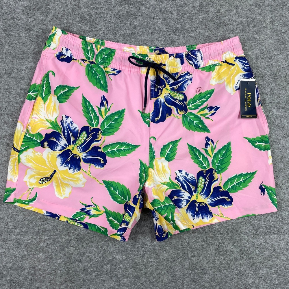 Polo Ralph Lauren Swim Trunks Mens XXL Pink Tropical Hibiscus Slim Fit NEW